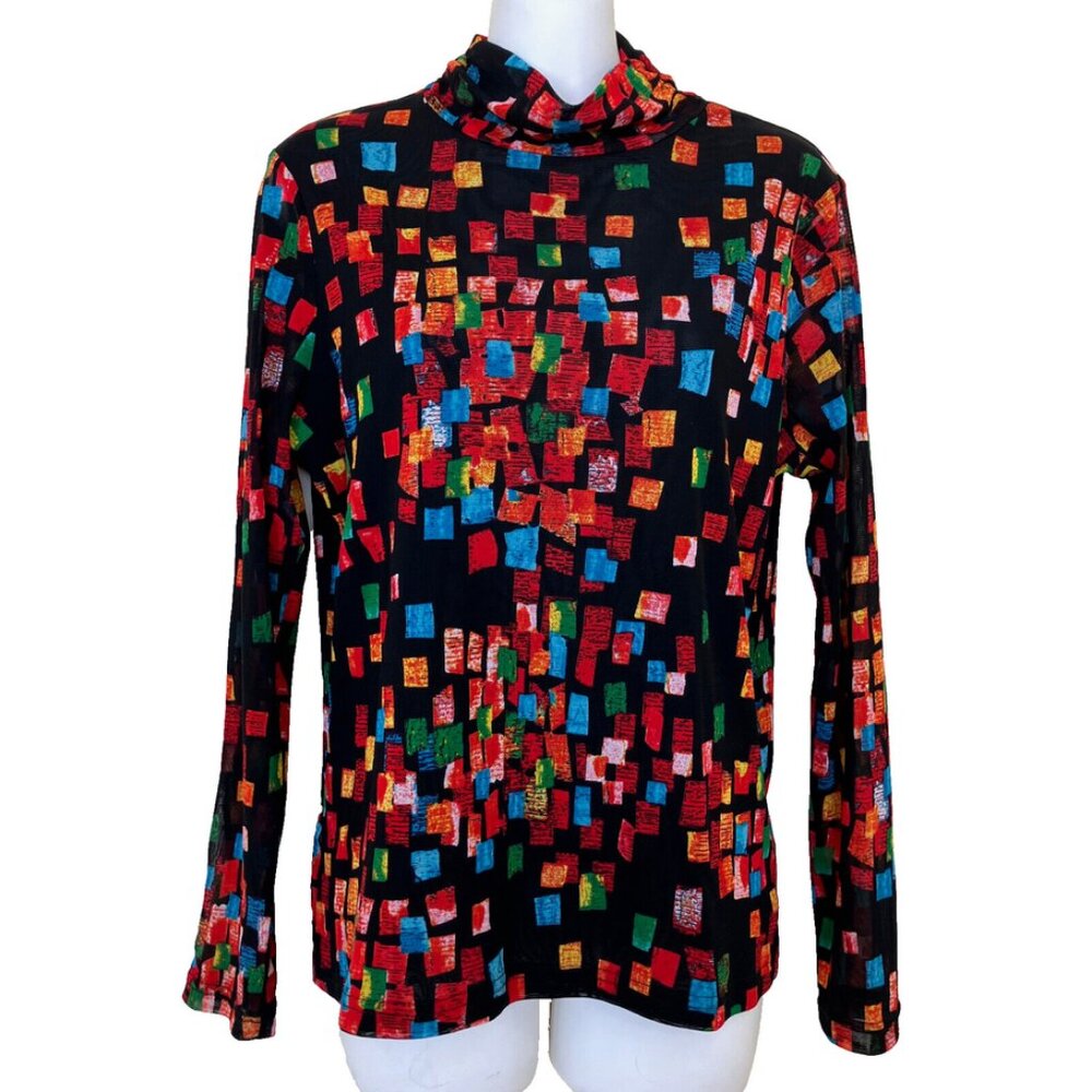 Alison Sheri Black Mesh Mock Neck Long Sleeve Shirt Sheer Colorful Square Print